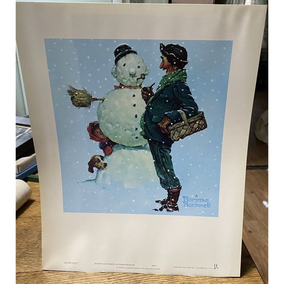 Norman Rockwell Print Snow Sculpturing Brown & Bigelow Boy Dog Snowman Grandpa - Picture 1 of 8